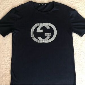 Gucci Navy Blue T-Shirt with Houndstooth Logo